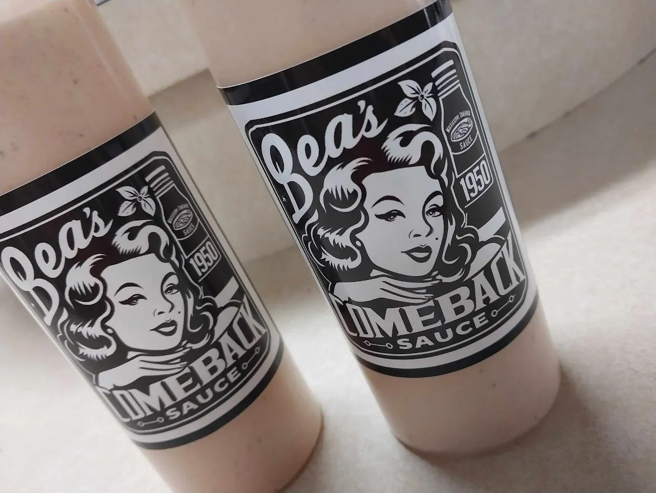 Bea's own Comeback Sauce with its vintage 1950s pin-up label